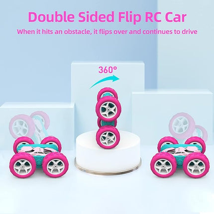 Remote Control Car for Girls Pink RC Car Double Sided 360°Flip Stunt Car with Headlights, Girl Princess Toys Rechargeable Toy Car for 6-7 6-8 9 10-12 Year Old Girls Birthday