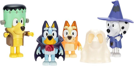 Bluey Figure 4-Packs, Halloween, 2.5" Poseable, Bingo, Chloe & Lucky Dressed in Halloween Costumes, with Accessories, Kids Can Recreate Their Favorite Moments