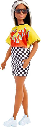Barbie Fashionistas Doll #179, Curvy with Long Highlighted Hair, Flame Crop Top, Checkered Skirt & Accessories Including Sneakers & Sunglasses