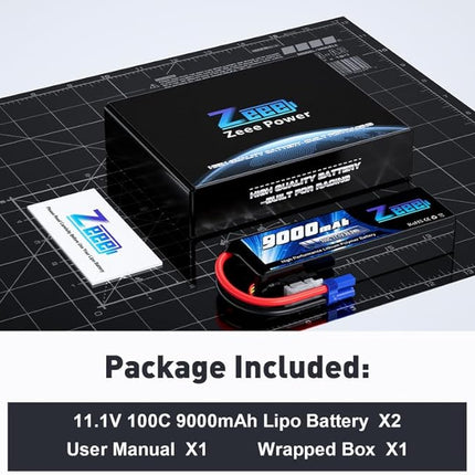 Zeee 3S 9000mAh Lipo Battery 11.1V 100C EC5 Connector with Metal Plates Soft Case RC Battery for RC Car Truck Tank Racing Hobby Models (2 Pack)
