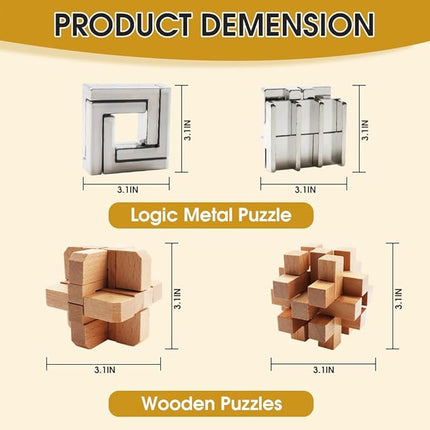 9PCS Brain Teaser Puzzles for Adults, Mind Puzzle Ancient Wooden and Metal Puzzles 3D Unlock Interlock IQ Education Puzzle Box Game for Adults