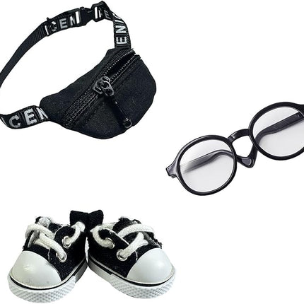 3pcs Doll Accessories Set Included Mini Glasses, Shoulder Bag and Canvas Shoes, Dress Up Accessories Replacement for 17cm Doll, Mini Costume Supplies for 6.7in Figures (Set of Black)