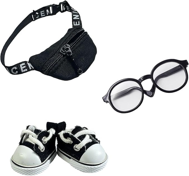 3pcs Doll Accessories Set Included Mini Glasses, Shoulder Bag and Canvas Shoes, Dress Up Accessories Replacement for 17cm Doll, Mini Costume Supplies for 6.7in Figures (Set of Black)