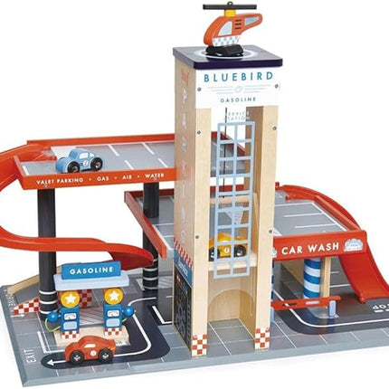 Tender Leaf Toys - Blue Bird Service Station - Classic Wooden Garage and Service Station for Cars and Helicopter with Ramps, Petrol Pumps and Car Wash Center - Imaginary and Roleplay for Children 3+