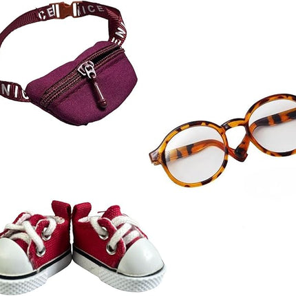 3pcs Doll Accessories Set Included Mini Glasses, Shoulder Bag and Canvas Shoes, Dress Up Accessories Replacement for 17cm Doll, Mini Costume Supplies for 6.7in Figures (Set of Red)