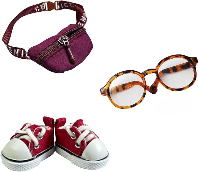 3pcs Doll Accessories Set Included Mini Glasses, Shoulder Bag and Canvas Shoes, Dress Up Accessories Replacement for 17cm Doll, Mini Costume Supplies for 6.7in Figures (Set of Red)