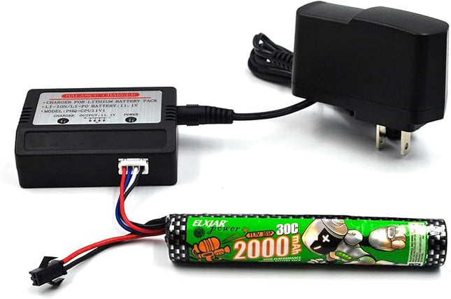 (2-Pack) 11.1V 2000mAh 30C Li-ION Battery with SM-2P Plug Replacement for Airsoft Splatter Blaster, Remote Controlled Vehicle, Water Bead Blaster with Charger