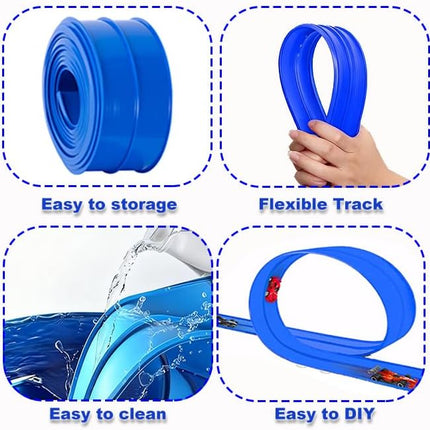 15FT Flexible Race Track for Kids - 2 Lane Blue Car Track for Toy Cars with 4 Race Cars & Suction Cups, Foldable Flex Track Set Compatible with 1/64 Scale Models for Boys Girls 3+