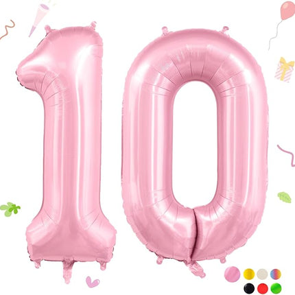 Smlpuame Pastel Pink 10 Balloons, 40 Inch Large Light Pink Foil Number Balloons 0-10, Self-Sealing 10th Birthday Balloon for Girls Women Anniversary Baby Shower Princess Party Decorations Supplies