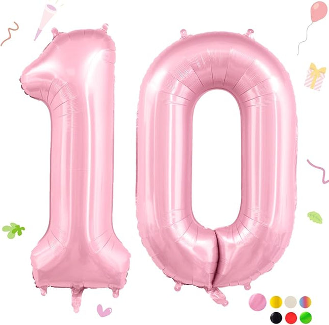 Smlpuame Pastel Pink 10 Balloons, 40 Inch Large Light Pink Foil Number Balloons 0-10, Self-Sealing 10th Birthday Balloon for Girls Women Anniversary Baby Shower Princess Party Decorations Supplies