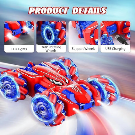 Spider Remote Control Car, Double Sided 360°Rotating USB Direct Charging RC with Cool Lights, 2.4Ghz Drift RC Stunt Vehicle, 360°Rotating 4WD Off-Road Race Car Toys for 4-12 Boy Girl Gifts (Blue)
