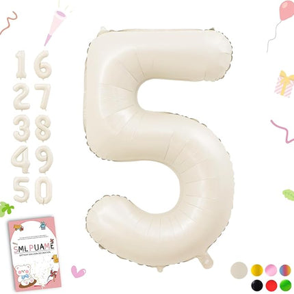 Smlpuame 40 Inch Beige Number 5 Balloons for 5th Birthday Decorations Boys Girl, Giant Self-Sealing Cream Foil Number 0-10 White Sand Balloon for Women Men Party Anniversary Baby Shower Supplies