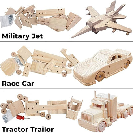Kraftic Woodworking Building Kit for Kids and Adults, 3 Educational DIY Carpentry Construction Wood Model Kit Toy Projects for Boys and Girls - Build a Wooden Military Jet Race Car and Tractor Trailer
