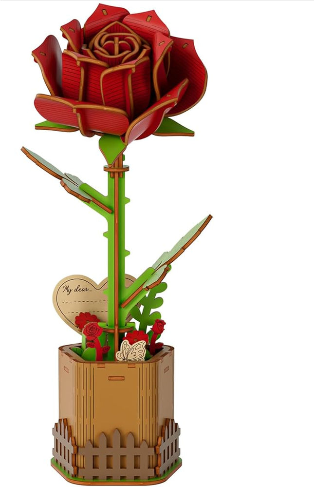 3D Red Rose Wooden Puzzles for Adults, DIY Wooden Flower Craft Kit, Artificial Flowers Model Kit to Assemble for Adults.(3.3 * 3.5 * 8.6in 73PCS)