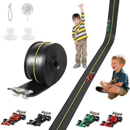 Flex Track 15 Ft Starter Set, with 4 Small Racecars，Suitable for Hot Wheels and Diecast 1/64th Cars，Long Roll-Type Portable Racing Track Suitable for Children Aged 3 and Above. (Black)