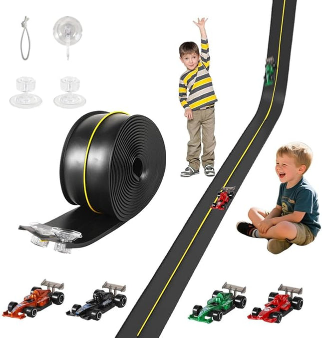 Flex Track 15 Ft Starter Set, with 4 Small Racecars，Suitable for Hot Wheels and Diecast 1/64th Cars，Long Roll-Type Portable Racing Track Suitable for Children Aged 3 and Above. (Black)