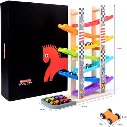 Wood City Toddler Toys for 1 2 3 Years Old, Wooden Car Ramp Racer Toy Vehicle Set with 7 Mini Cars & Race Tracks, Montessori Toys Craft Gift for Toddlers Boys and Girls