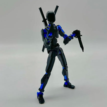 (Assembly Completed) 3D Printed Figure 5.54-inch Dummy13 with Weapon Expansion Set and Bracket, Full Body Mechanical Movable Toy, Desk Decoration. (Black+Blue)