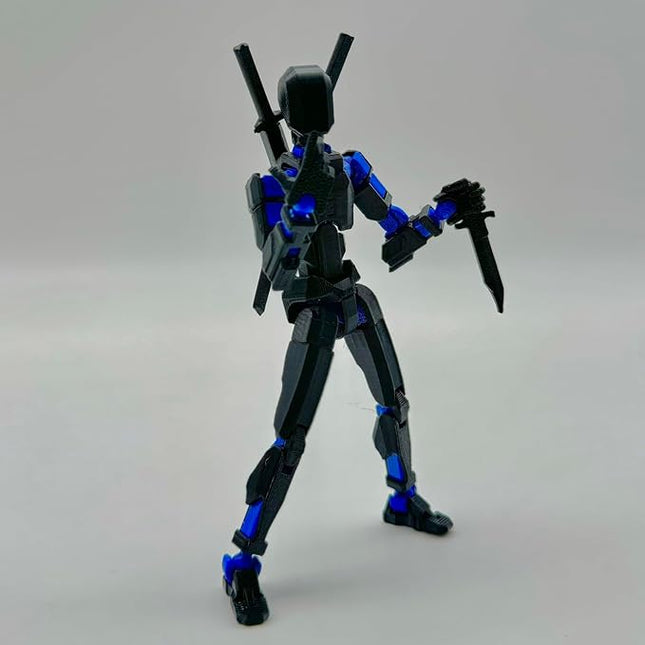 (Assembly Completed) 3D Printed Figure 5.54-inch Dummy13 with Weapon Expansion Set and Bracket, Full Body Mechanical Movable Toy, Desk Decoration. (Black+Blue)