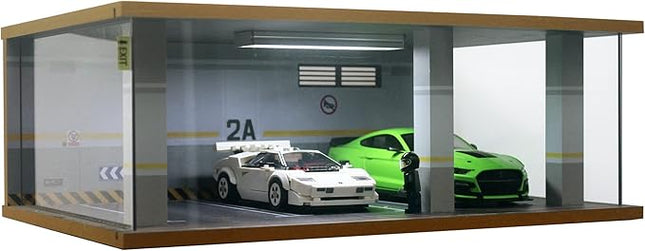 1:24 Scale Die-Cast Car Garage Display Case with Transparent Acrylic Cover and LED Lighting for 3 Parking Spaces (2A)