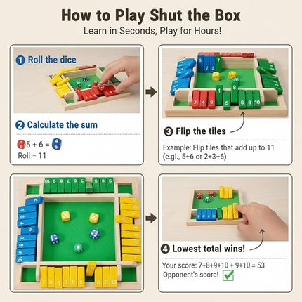 Shut The Box - Wooden Dice Board Game, 2-4 Player Math Puzzle Toy for Kids and Adults, Educational Family Tabletop Game for Learning Addition Subtraction, Fun Strategy Gift Set