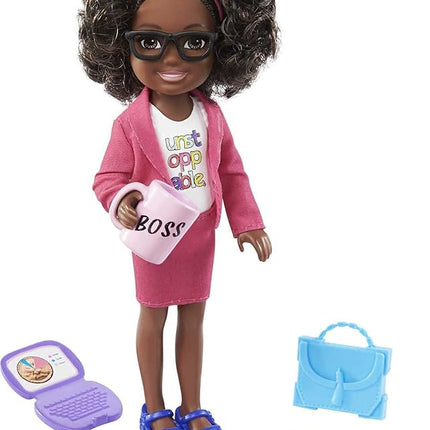 Barbie Chelsea Can Be Anything Doll & Playset, Brunette Boss Small Doll with Curly Hair, Outfit & 7 Career Accessories
