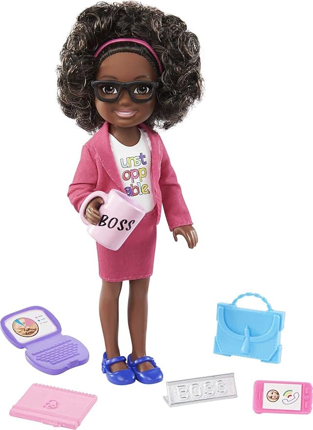 Barbie Chelsea Can Be Anything Doll & Playset, Brunette Boss Small Doll with Curly Hair, Outfit & 7 Career Accessories