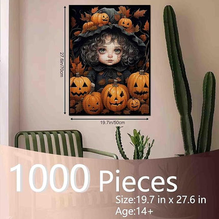 Halloween Pumpkin Girl Jigsaw Puzzle Black Curly Hair Doll 1000 Piece Jigsaw Puzzles for Adults Challenging Family Activity Game DIY Puzzle Home Decor Gift for Friends 20 x 27 Inch