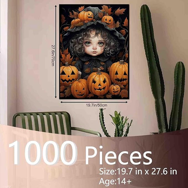 Halloween Pumpkin Girl Jigsaw Puzzle Black Curly Hair Doll 1000 Piece Jigsaw Puzzles for Adults Challenging Family Activity Game DIY Puzzle Home Decor Gift for Friends 20 x 27 Inch