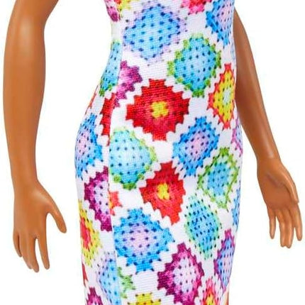 Barbie Fashionistas Doll #210 with Brunette Hair in Bun Wearing Removable Colorful Crochet Halter Dress, Sunglasses & Sandals