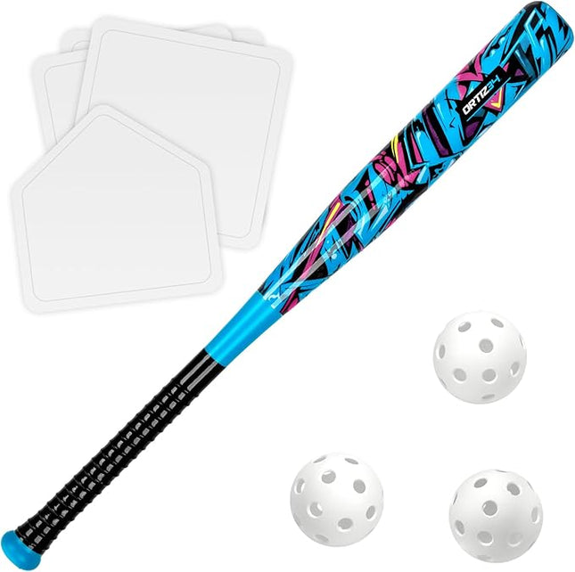 Grand Slam Set- Graffiti Plastic Bat, David Ortiz Backyard Baseball Set with 3 Balls, 4 Throw Down Bases