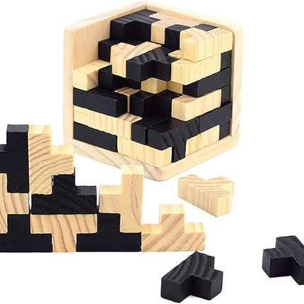 Wooden Brain Teaser Puzzle Cube Easter Basket Stuffers Wooden Puzzles T-Shaped Jigsaw Logic Puzzle Educational Toy for Kids and Adults by AHYUAN (Black and Natural)