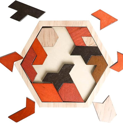 Skrtuan Wooden Puzzle Hexagon Tangram Puzzle for Kids Adults Brain Teasers Puzzles Game Challenge Toy Shape Pattern Block Tangram Family Portable Montessori Educational Gift for Kids Boys Girls