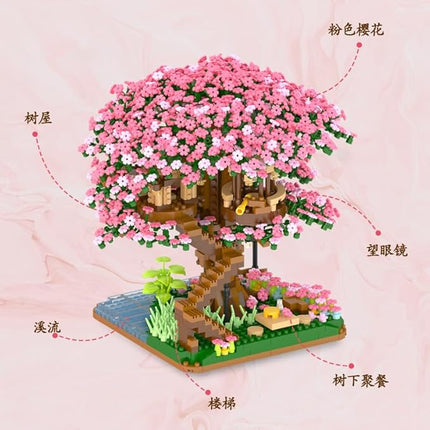 Cherry Blossom Tree Building Block Set Gift for Adults, Cherry Bonsia Treehouse Micro Building Blocks, Japanese Sakura Flowers House 2138PCS