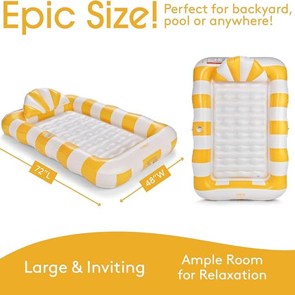 FUNBOY Tanning Pool Lounger Float, XL 72'' x 48'' Pool Float with Custom Pillow and Large Cup Holder, Perfect for Pool or Backyard.
