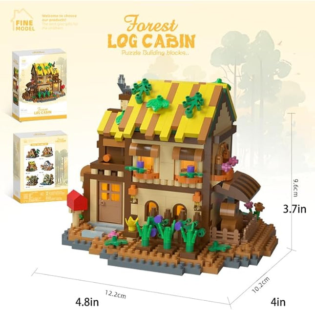 Garden Mini Wood Cabin Micro Building Set with LED Light Wooden Forest House Block Toy with Tree Log Stem Houses Construction Model for Adults Teens Birthday Gift