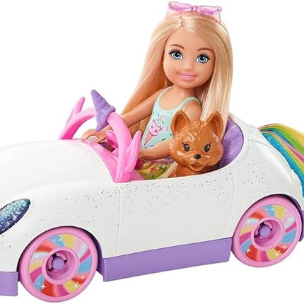Barbie Chelsea Toy Car Set with Unicorn Theme, Blonde Small Doll in Removable Skirt, Pet Puppy, Sticker Sheet & Accessories