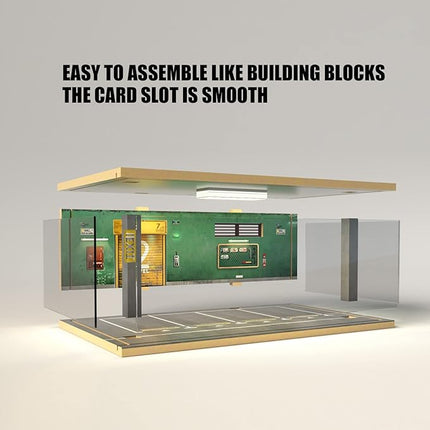 1/24 Scale Die-cast Car Diorama Display Case with Clear Acrylic Cover and LED Lighting for Diecast Model Cars, Lego Speed Champions Cars, Green Wall Style