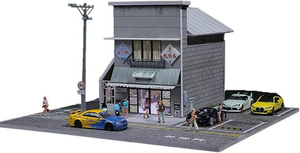 Japanese Candy House Scene Diorama 1:64 Scale with LED Lighting – Diecast Car Display Case for Hot Wheels, MiniGT, Matchbox, Initial D – Acrylic Cover Model Car Garage – 30x30x15.6 cm