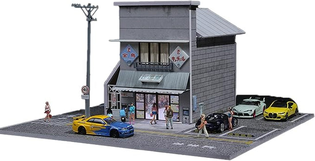 Japanese Candy House Scene Diorama 1:64 Scale with LED Lighting – Diecast Car Display Case for Hot Wheels, MiniGT, Matchbox, Initial D – Acrylic Cover Model Car Garage – 30x30x15.6 cm