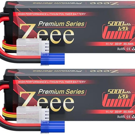 Zeee Premium Series 3S Lipo Battery 5000mAh 11.1V LCG Hard Case Batttery Height 25mm 120C with EC5 Connector for RC Car Truck Tank Racing Hobby (2 Pack)