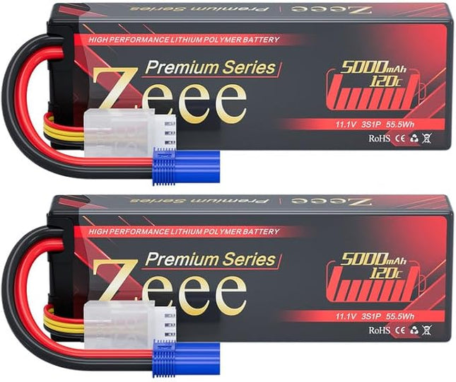 Zeee Premium Series 3S Lipo Battery 5000mAh 11.1V LCG Hard Case Batttery Height 25mm 120C with EC5 Connector for RC Car Truck Tank Racing Hobby (2 Pack)