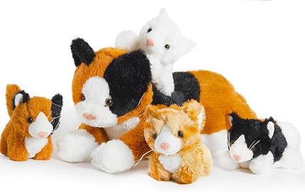 Chirpy Chums Classic Cat Family – Mommy Cat with 4 Kittens – 14” Ultra-Soft Plush Stuffed Animal Toy – Zipper Belly Surprise for Cuddles, Play & Gifts – 5-Piece Kitten Set for Kids Ages 3+