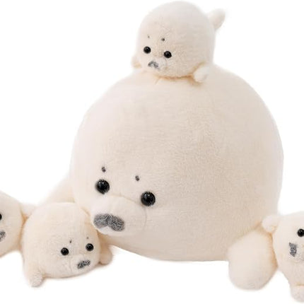 Seal Stuffed Animals with 4 Babies Plushies,16inch White Pillow Christmas Thanksgiving Gift for Kids Boyds and Girls