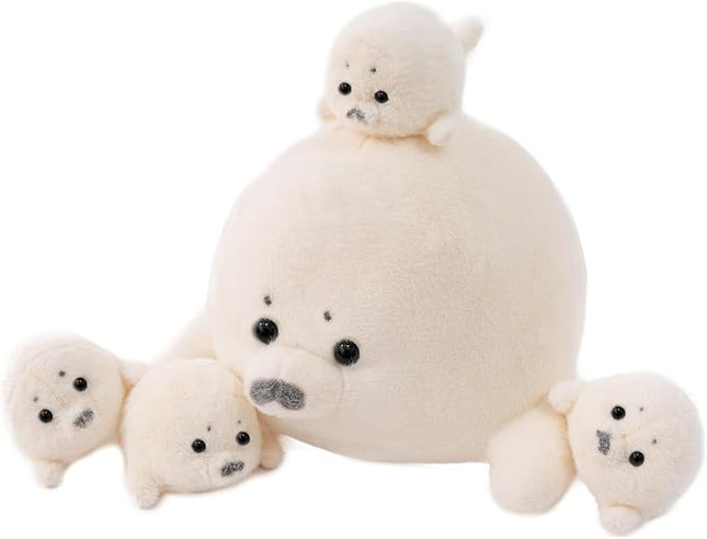 Seal Stuffed Animals with 4 Babies Plushies,16inch White Pillow Christmas Thanksgiving Gift for Kids Boyds and Girls