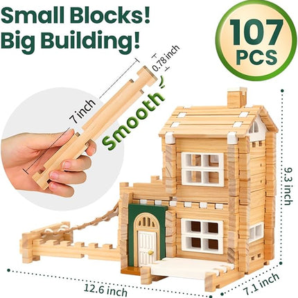 Jovi-mindly＆Notchies 107 Pcs Wooden Blocks Toys with Door and Windows,Classic Old Fashioned Toys,Wooden Building Blocks for Kids Ages 4-8 Boys and Girls,FSC Certified,Halloween Gifts