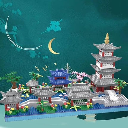 Architecture Chinese Style of Suzhou Garden,Hangzhou's West Lake,Build Iconic Asian Landscape,950 PCS mini Bricks,Featuring Pagoda, Stone Bridge,Asian Style Micro Blocks for Adults and Teens
