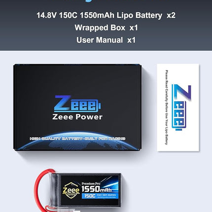 Zeee Premium Pro 1550mAh 4S Lipo Battery 14.8V 150C Ultra-Low IR Soft Pack RC Battery with XT60 Plug for FPV Drone Quadcopter Racing Helicopter Airplane RC Boat RC Car RC Models(2 Pack)