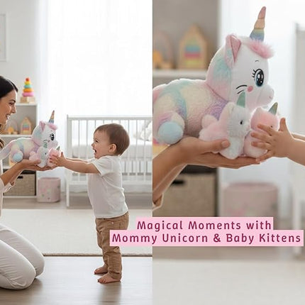 Chirpy Chums Dreamy Caticorn Family – 15” Magical Unicorn Cat Plush with 4 Kittens – Ultra-Soft Stuffed Animal, Zipper Belly Surprise – Magical Pillow Plushies, Big Plush Toy Gift for Kids Ages 3+