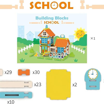 182PCS Wooden Building Blocks Set for Toddlers, Construction City Stacking Toys, Preschool Learning Educational Toys for Kids 3+ Years Girls and Boys (School)